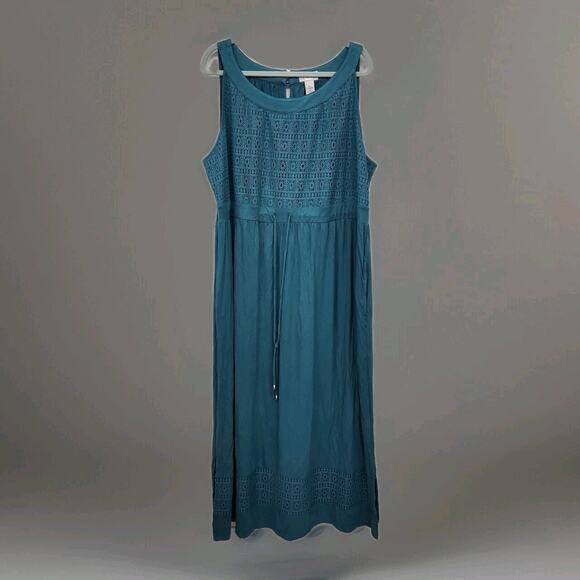 Catherines 2X Teal Sleeveless Crochet Knit Maxi Dress Drawstring Waist Pockets - Picture 1 of 9
